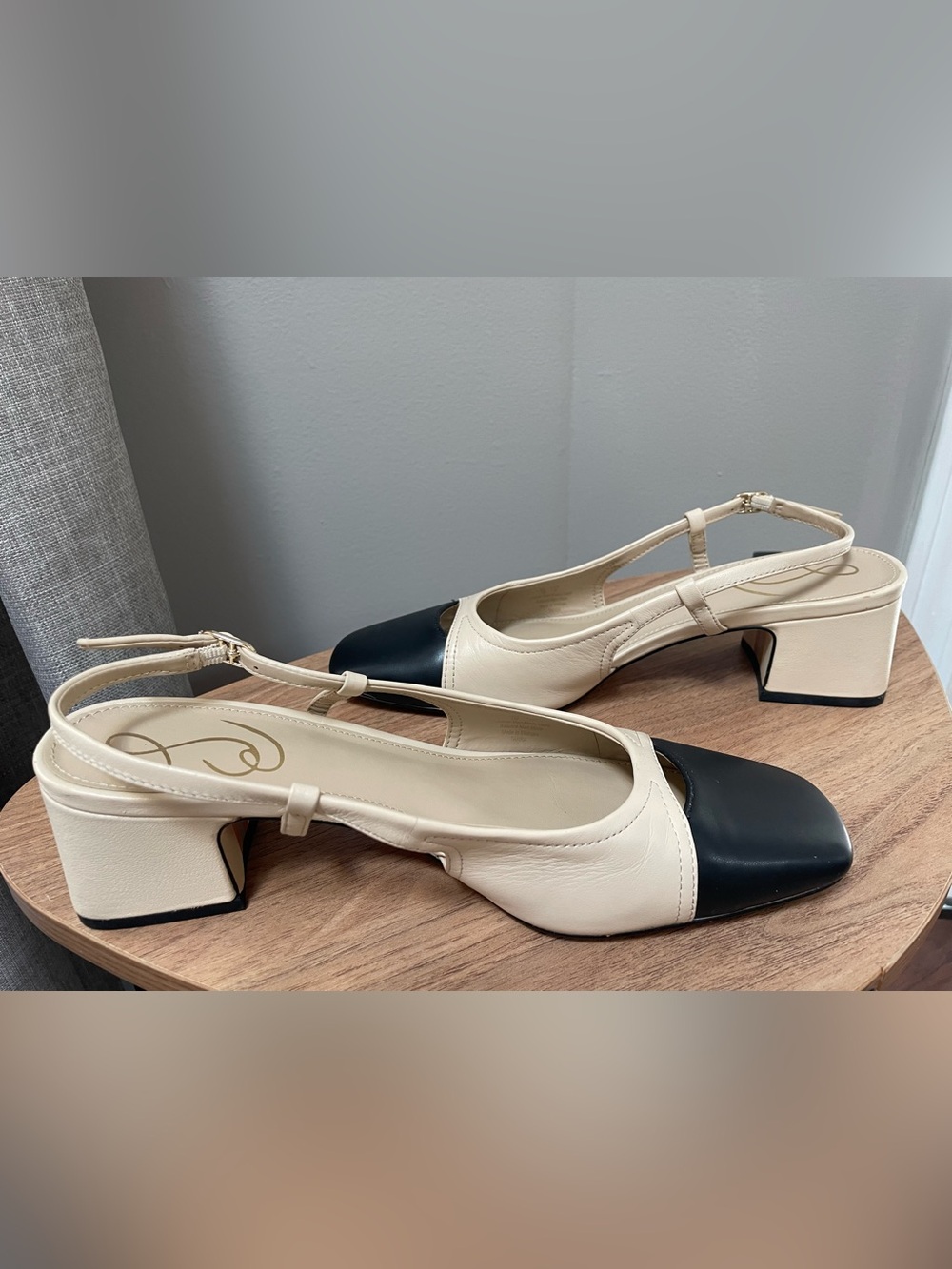 Sam Edelman “Tara” Cream and Black Slingback Block Heels - Picture 2 of 8